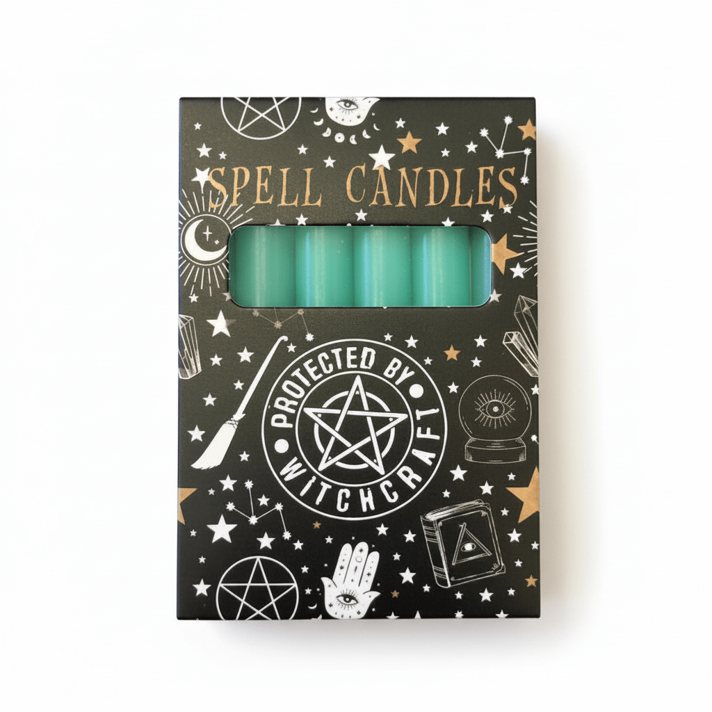 Pack of 6 teal spell candles in black gift box with window, front