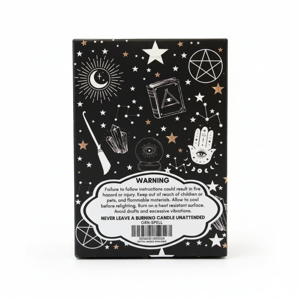 Back of pack of six teal spell candles with warning label