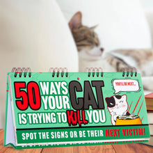 Cat flipbook with teal cover, “50 ways your cat is trying to kill you” title and cat graphic