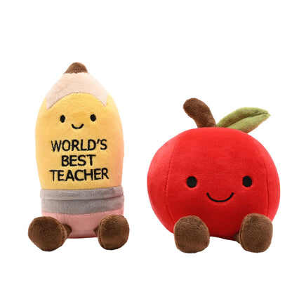 Plush pencil and apple set: yellow pencil with slogan and black eyes, red apple with smile