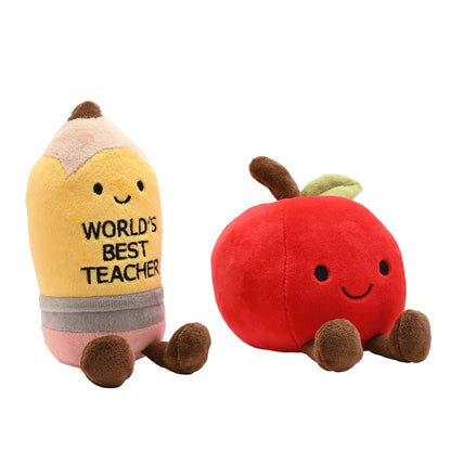 Plush pencil and apple plushes: yellow pencil with "WORLD'S BEST TEACHER" text, red apple