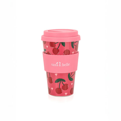 Pink travel coffee cup with cherry graphic pattern and round screw-top lid