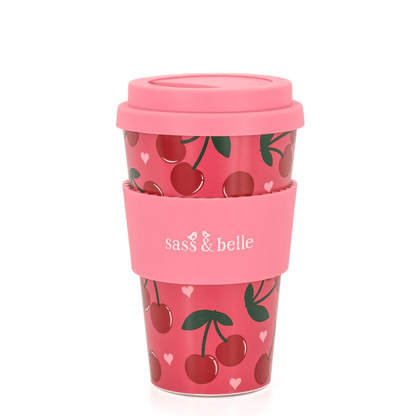 Pink travel coffee cup with cherry pattern and matching screw-top lid
