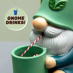 Self-watering gnome plant pot with green cup and red-white rope wick, blue body.