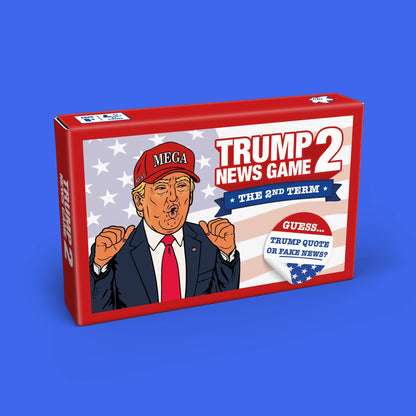 Red board game box with TRUMP NEWS GAME 2 title and Mega badge hat logo
