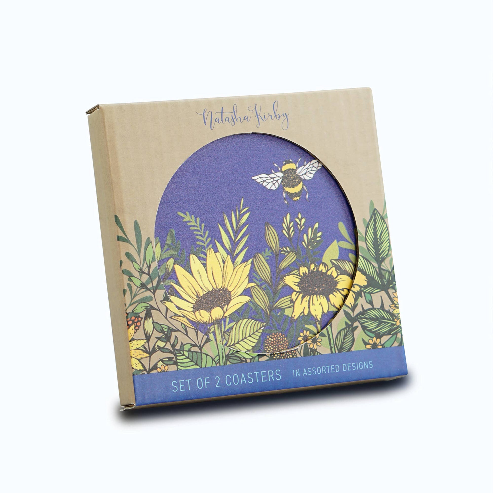 Coaster gift box showing blue sunflower and bee motif for set of 2 coasters