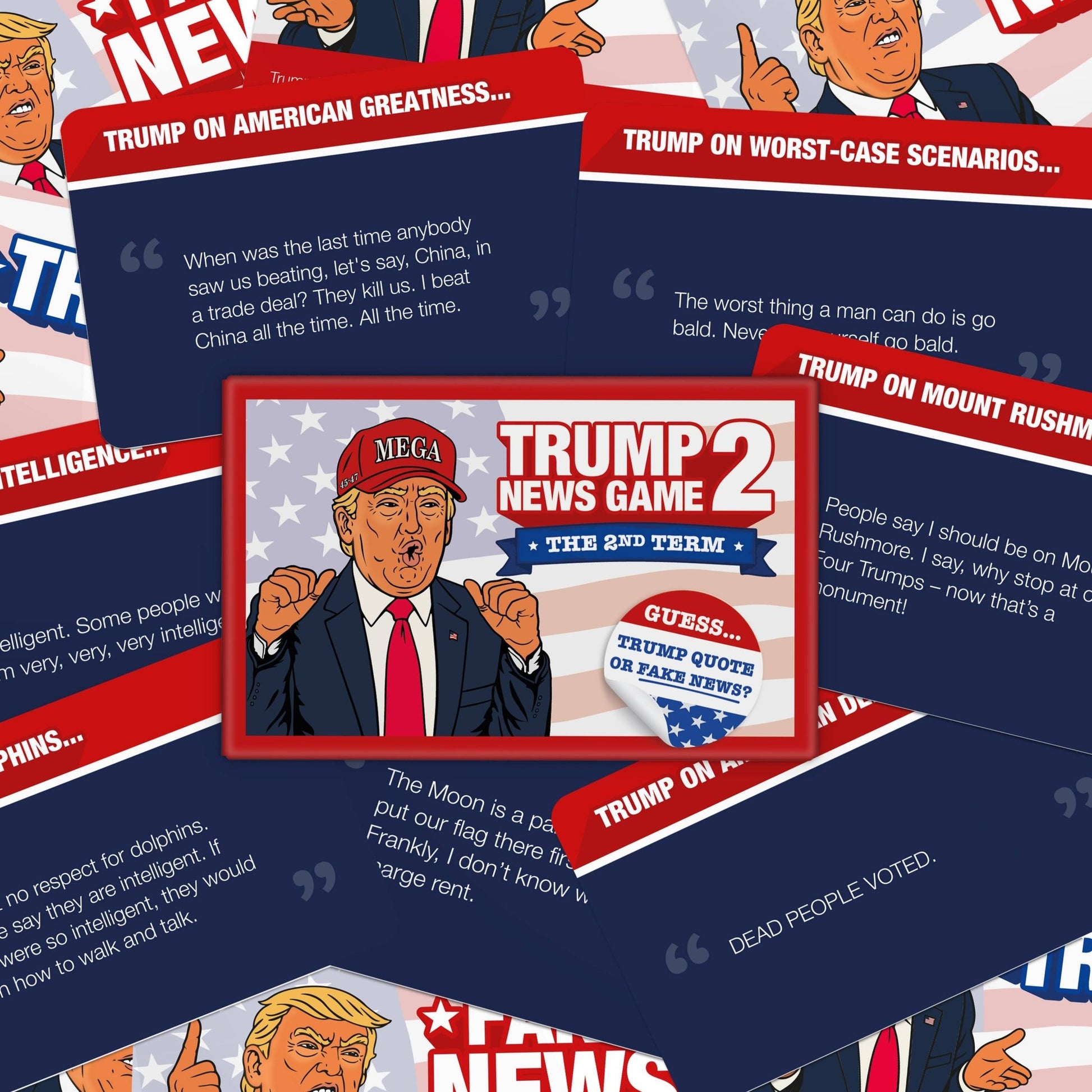 TRUMP NEWS GAME 2 box surrounded by quote cards featuring Trump character