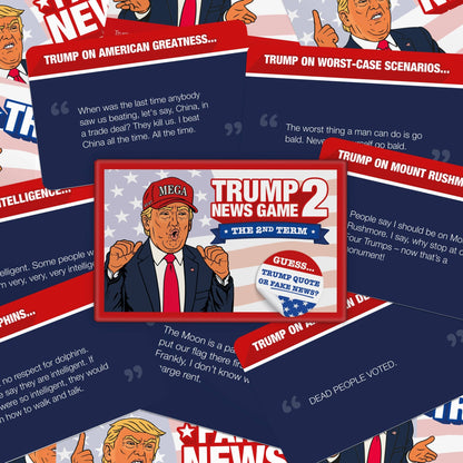 TRUMP NEWS GAME 2 box surrounded by quote cards featuring Trump character