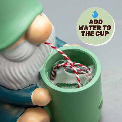 Self-watering gnome plant pot: green cup with water and red-white rope wick.