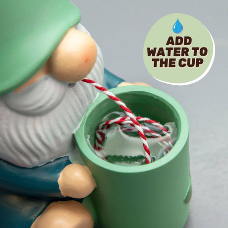 Self-watering gnome plant pot: green cup with water and red-white rope wick.