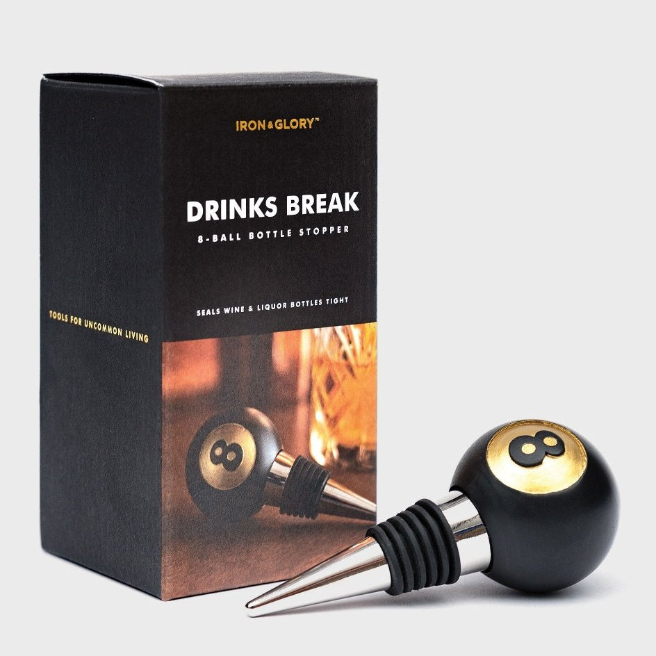 Black 8-ball bottle stopper with gold 8 emblem and stainless pour spout