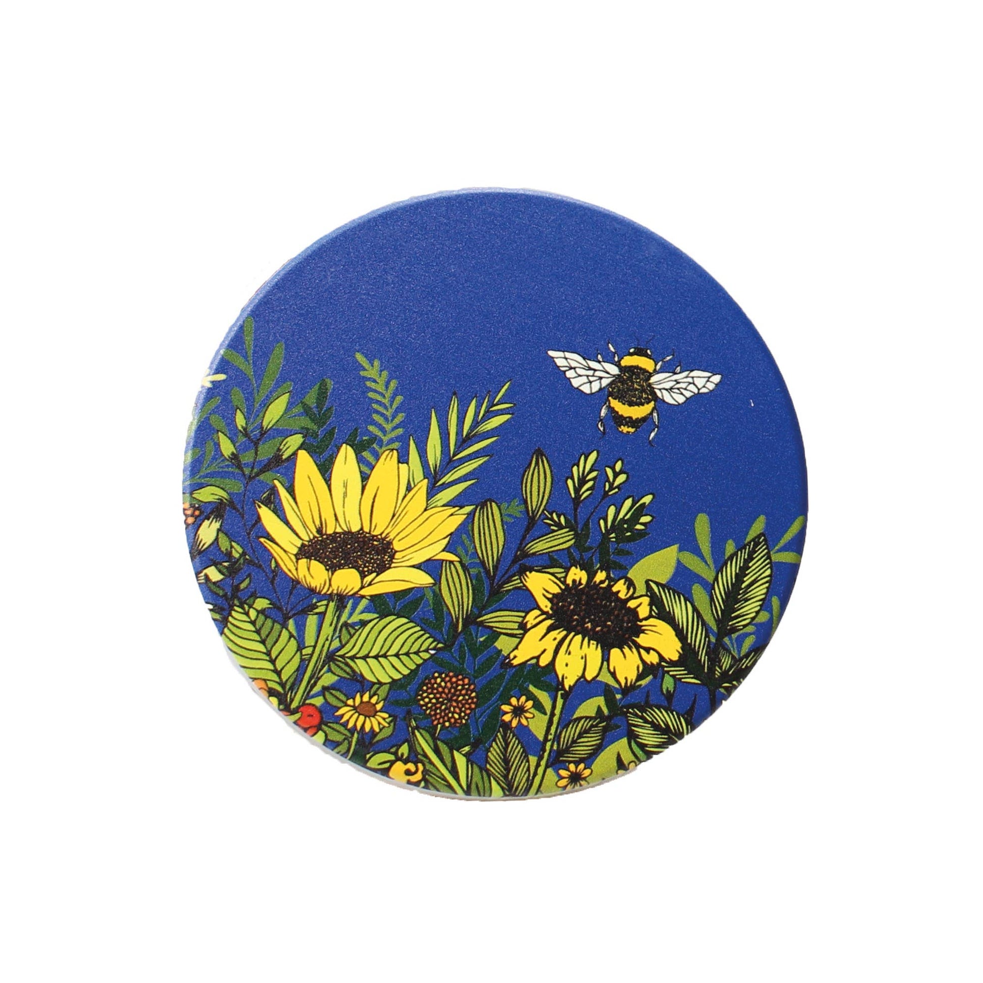 Round ceramic coaster with blue background, yellow sunflowers, and bee and leaves