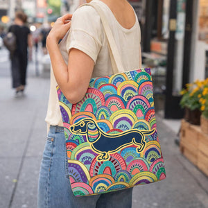 Reusable shopping bag with rainbow dachshund print and multicolor arches, cream handles