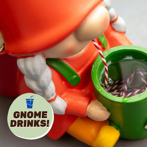 Self-watering gnome plant pot detail: green cup with red-striped string, gnome