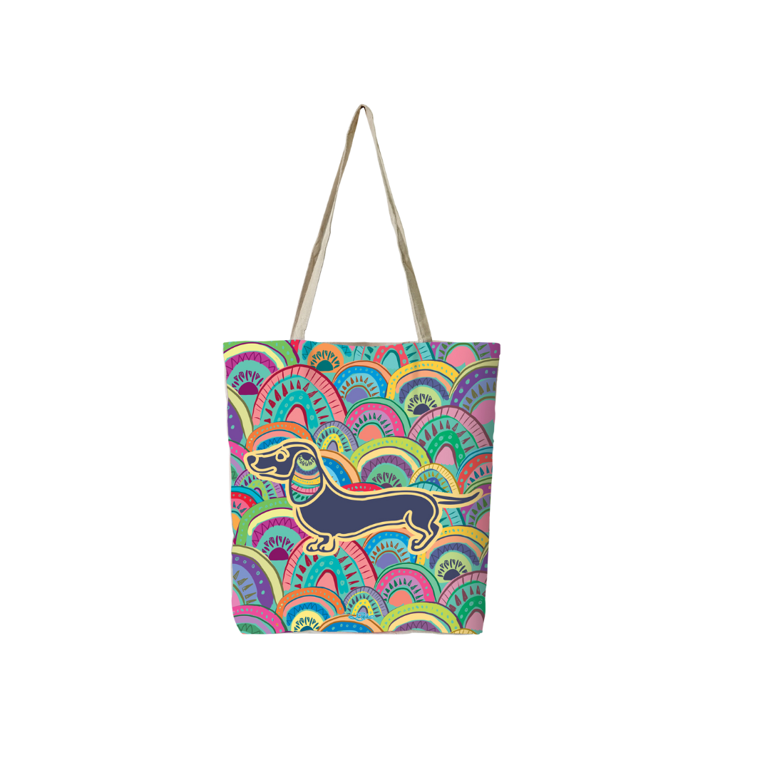 Reusable tote bag with colorful rainbow dachshund illustration and long fabric handles