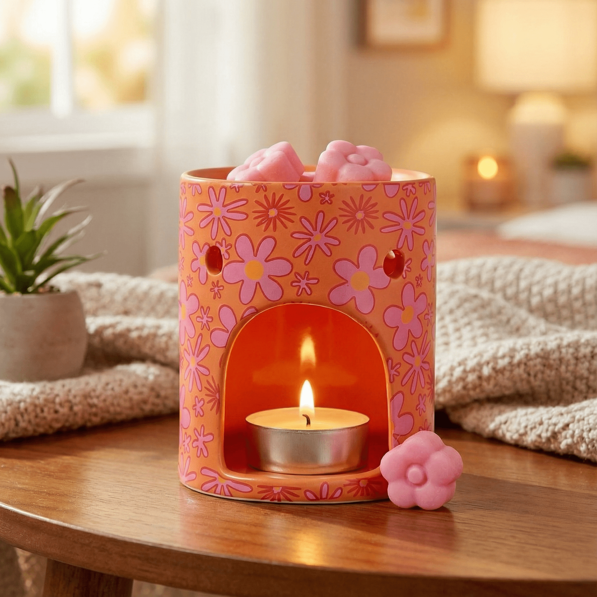 Floral wax melt burner with lit tealight and pink wax melts on top on a wooden table