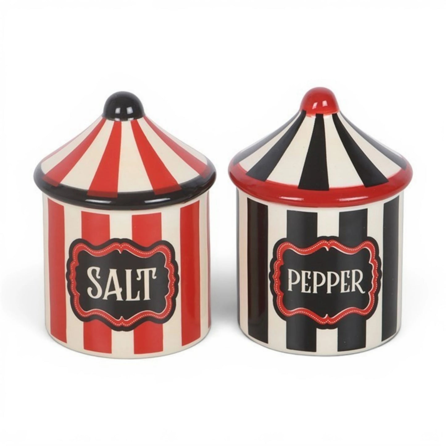 Pair of circus tent salt and pepper shakers with red-and-white and black stripes