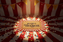 Striped coir doormat with Welcome to the Circus text and red/cream ray border