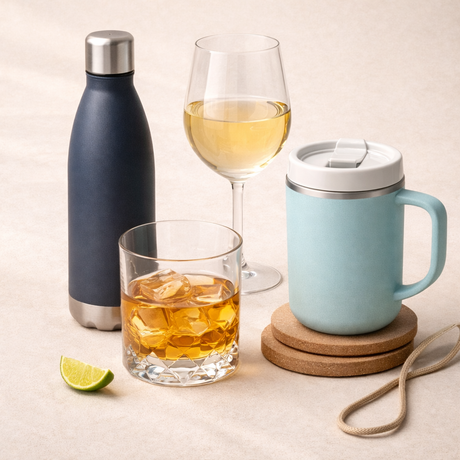 Assorted drinkware including a stainless water bottle, wine glass, tumbler with ice and insulated mug on a neutral background.