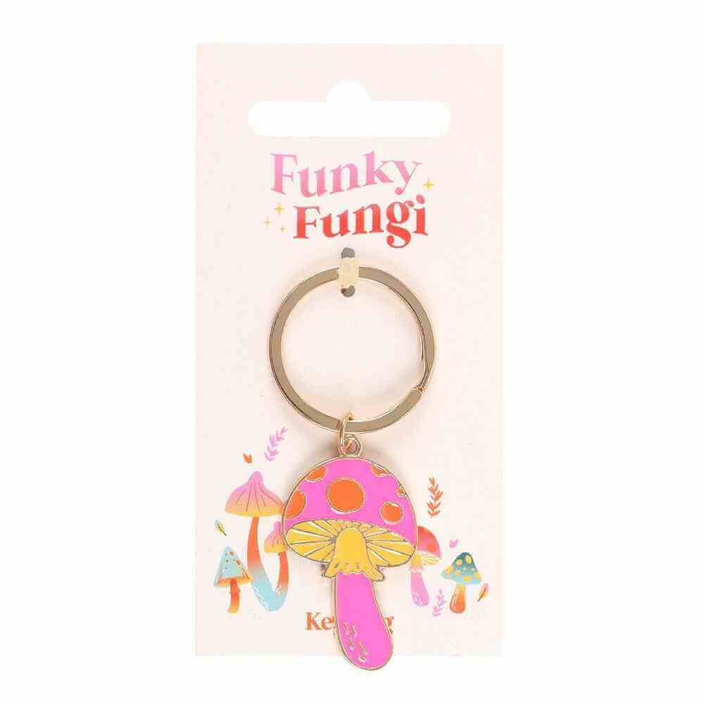 Funky Fungi mushroom keyring on card with bronze ring and pink enamel mushroom charm