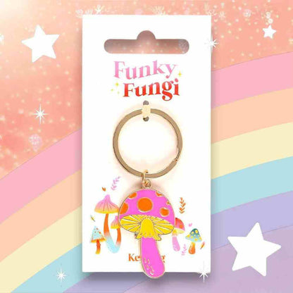 Funky Fungi keyring package card with bronze ring and pink mushroom charm