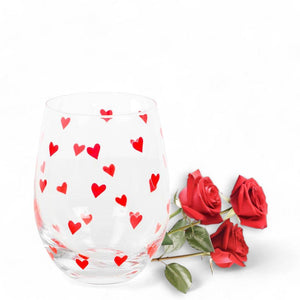 Heart print Valentine stemless glass with red hearts and roses, ideal for Mother's Day gift.