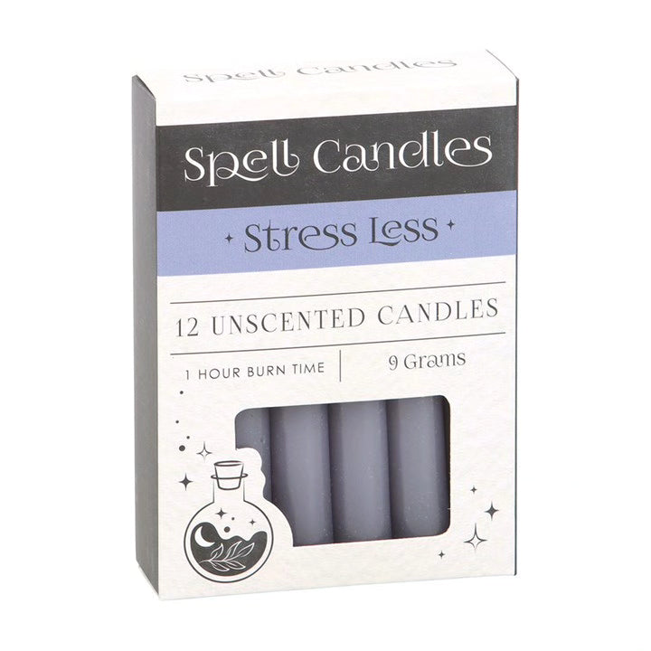 Stress Less spell candles box with 12 unscented candles and window view