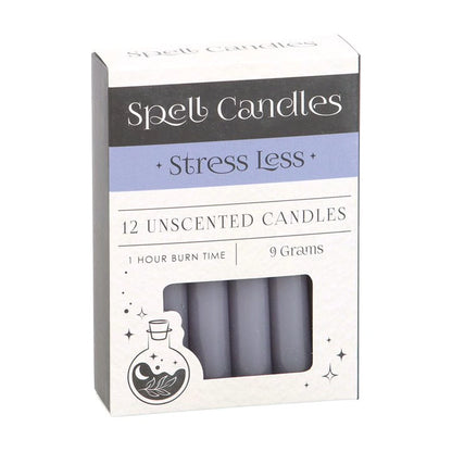 Stress Less spell candles box with 12 unscented candles and window view