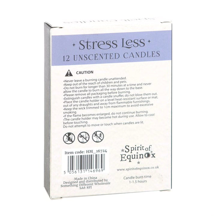 Stress Less spell candles box back with caution and product details