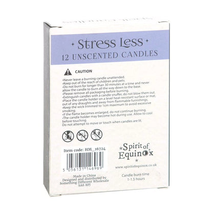 Stress Less spell candles box back with caution and product details