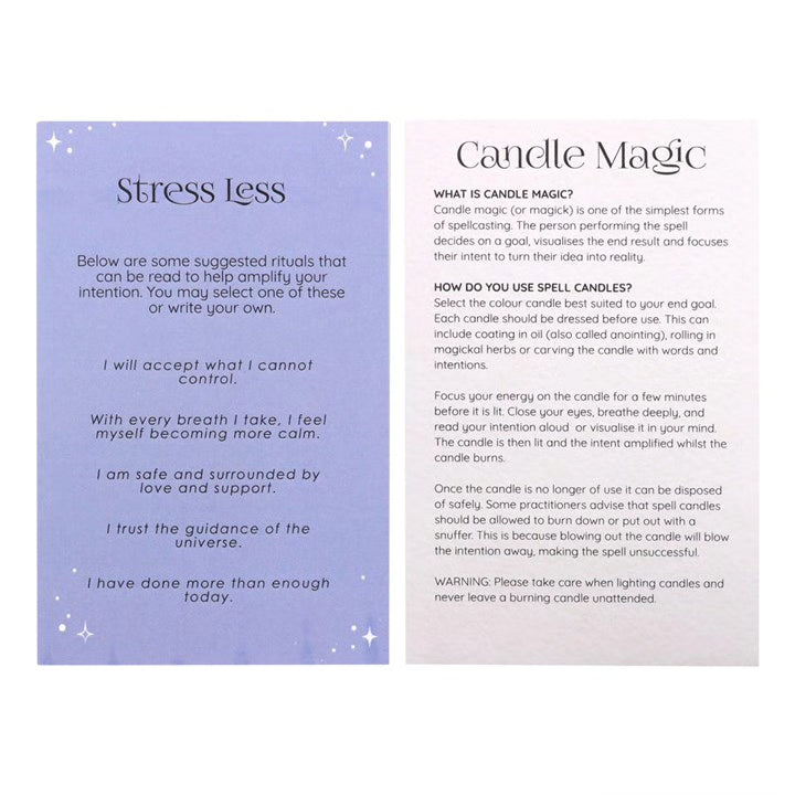 Stress Less affirmation and Candle Magic instruction cards for a spell candles box