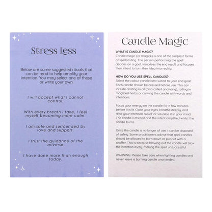Stress Less affirmation and Candle Magic instruction cards for a spell candles box