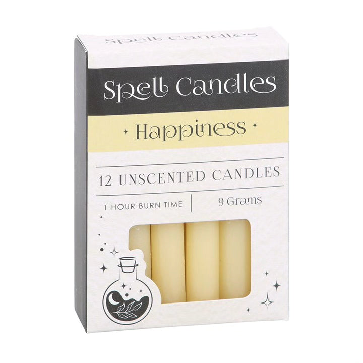 Happiness spell candles box with 12 unscented candles and window view