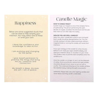 Happiness affirmation and Candle Magic instruction cards for a spell candles box