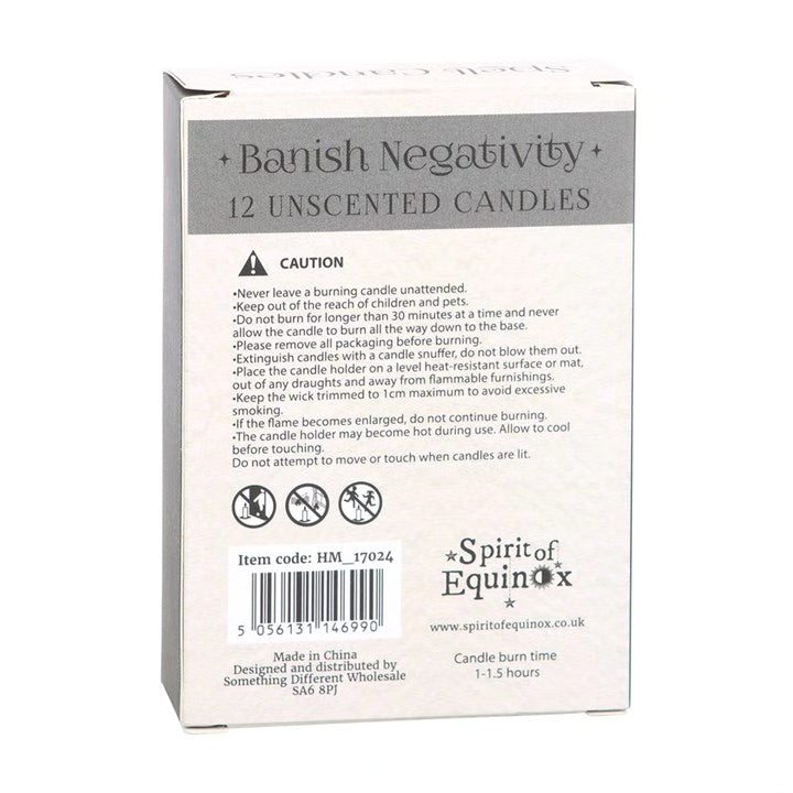Banish Negativity 12 unscented candles box back with caution notes and item code