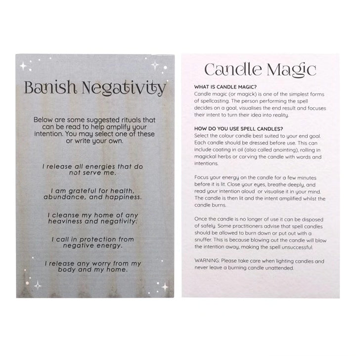Banish Negativity candle magic information card with ritual guidance and warnings