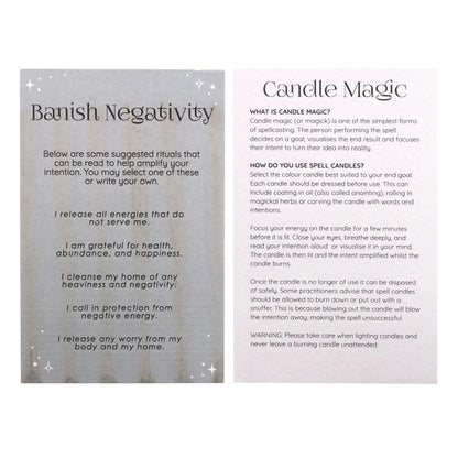 Banish Negativity candle magic information card with ritual guidance and warnings