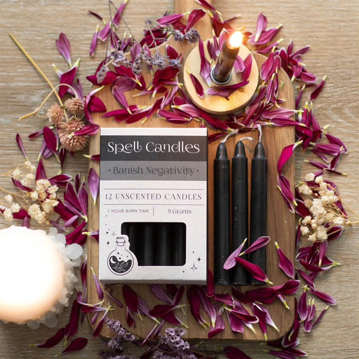 Banish Negativity set with dark unlit unscented pillar candles and open box