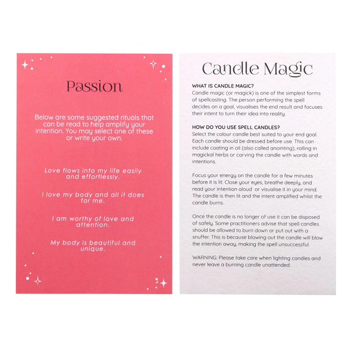 Passion card and Candle Magic instruction card for selecting Spell candles