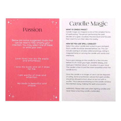 Passion card and Candle Magic instruction card for selecting Spell candles
