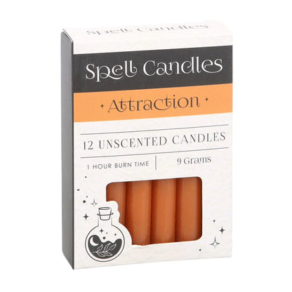 Set of 12 unscented candles box, Attraction theme, with orange candle image window