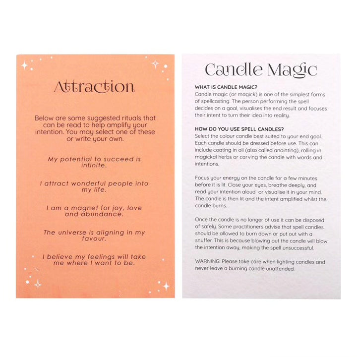 Attraction candle magic instruction cards, two-panel design with sparkle icons