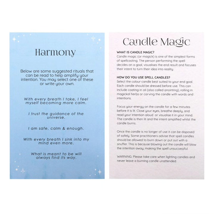 Harmony candle magic instruction cards, two-panel design with star accents