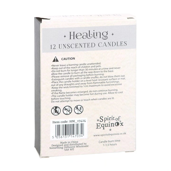 Healing 12 unscented candles box back with caution notes and item code