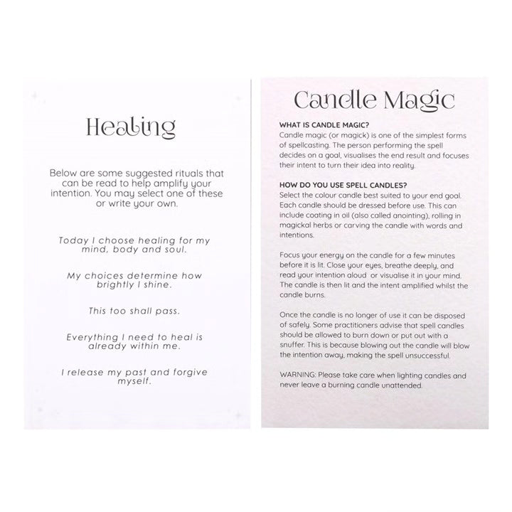 Healing candle magic information card with ritual guidance and usage warnings