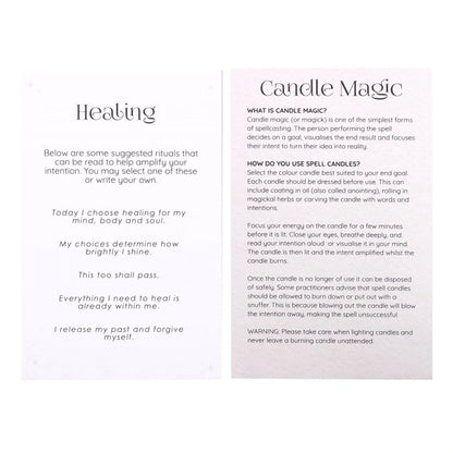 Healing candle magic information card with ritual guidance and usage warnings