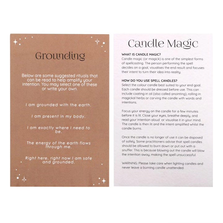 Grounding and Candle Magic instruction cards for a spell candles box