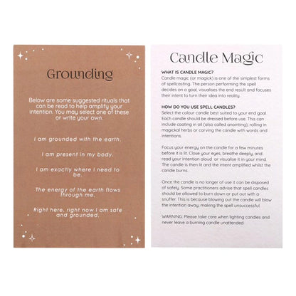 Grounding and Candle Magic instruction cards for a spell candles box