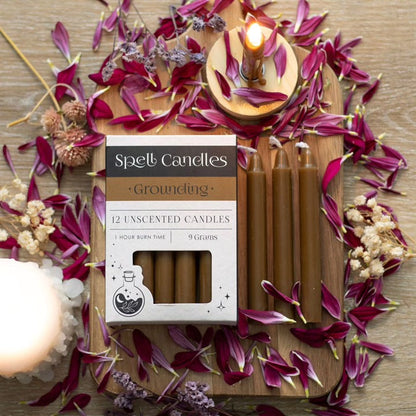 Grounding candle set with brown unscented candles and boxed packaging with wicks