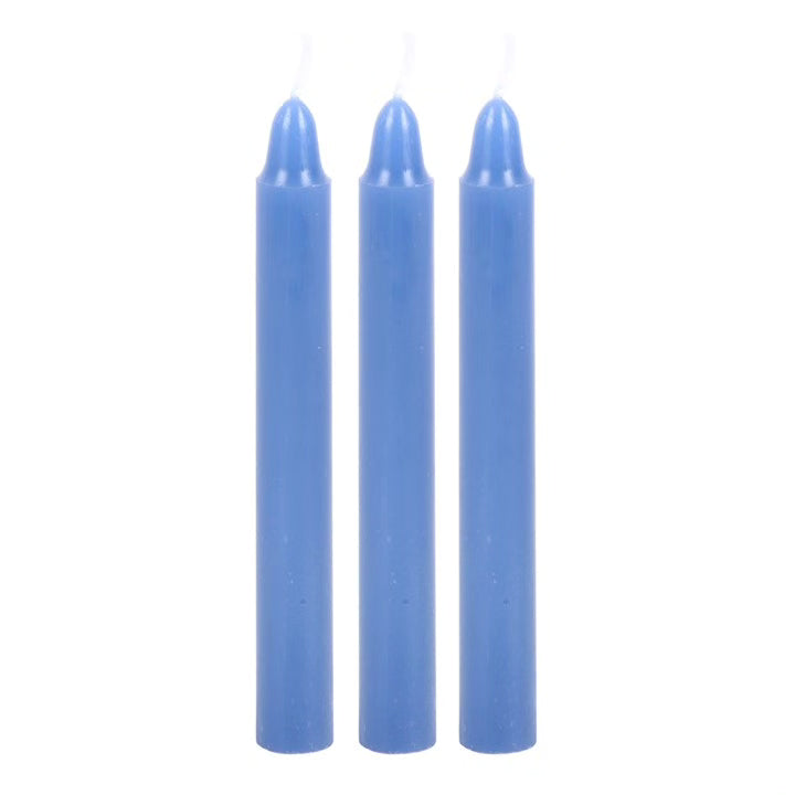 Three blue unlit unscented pillar candles